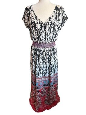 Anthropologie 100% Silk Boho Midi Dress – Statement Border Print